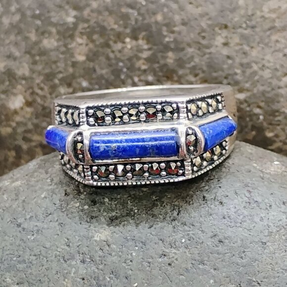 Lapis Lazuli & Marcasite Sterling Silver Ring 925 Sterling Silver Size 7 - Picture 1 of 10